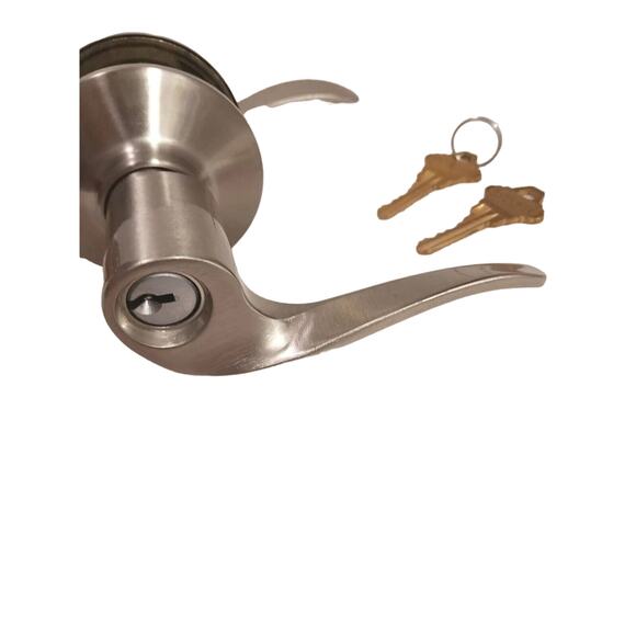 SCHLAGE Keyed SILVER SATIN FINISH Modern FRENCH Entry Lock DOOR KNOB w 2 Keys - Picture 2 of 13